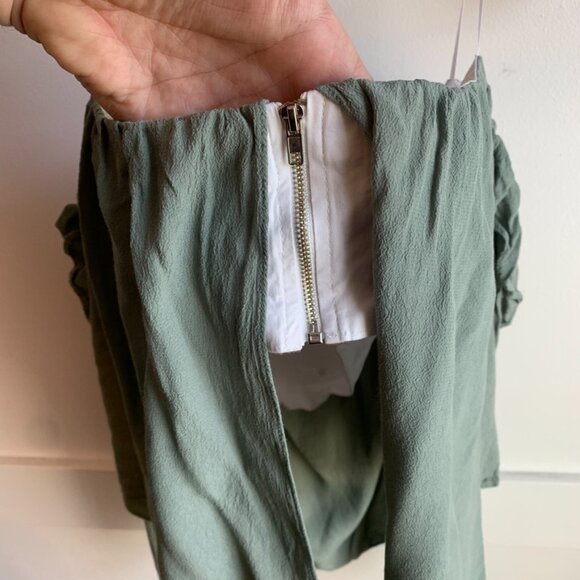 4SIENNA Sage Green Ruffle Off The Shoulder Long Sleeve Crop Top - Picture 9 of 10